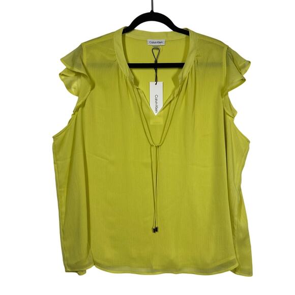 Calvin Klein Cap Sleeve Bright Yellow Cut Out Tie Blouse Top 2X Business Casual - Picture 2 of 16